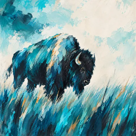A single bison in tall grass in cream, white, teal, navy; square artwork.