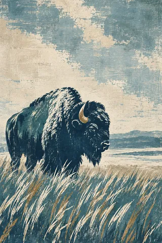 A single bison in tall grass in stone, gray, cream, teal; portrait artwork.