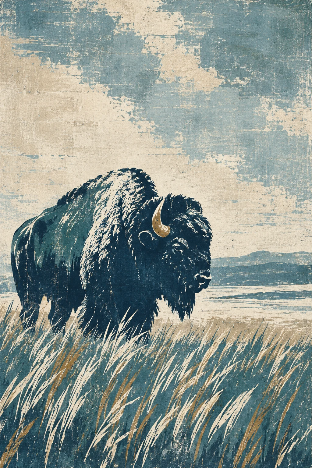 A single bison in tall grass in stone, gray, cream, teal; portrait artwork.