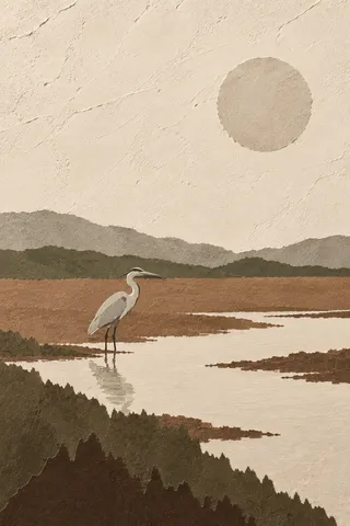 A heron standing in shallows, far off in a vast field in cream, taupe, charcoal, brown; portrait artwork.