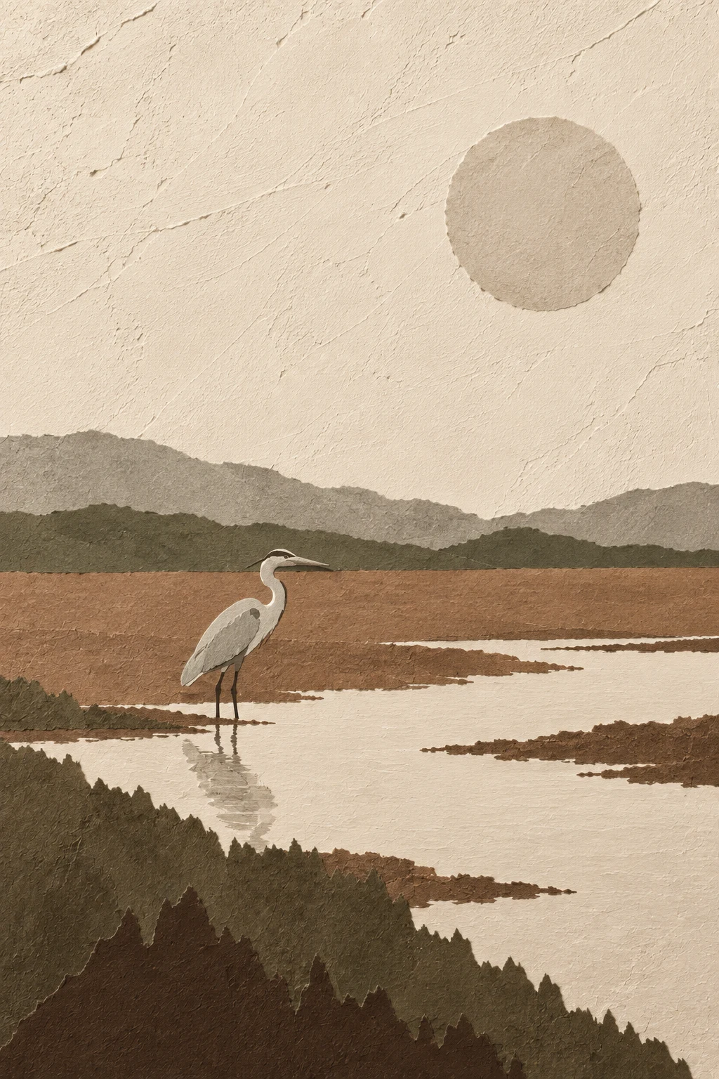 A heron standing in shallows, far off in a vast field in cream, taupe, charcoal, brown; portrait artwork.