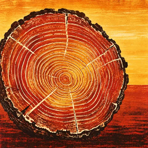 A cross-section of a tree trunk with its rings in red, orange, burgundy, yellow; square artwork.