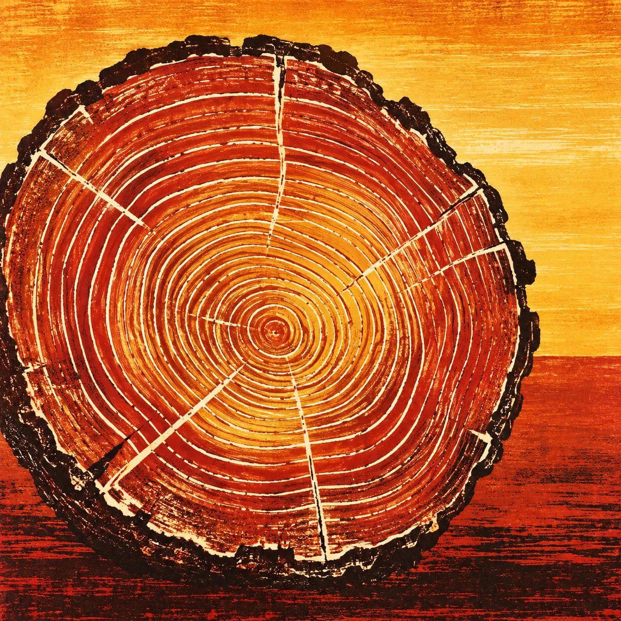A cross-section of a tree trunk with its rings in red, orange, burgundy, yellow; square artwork.