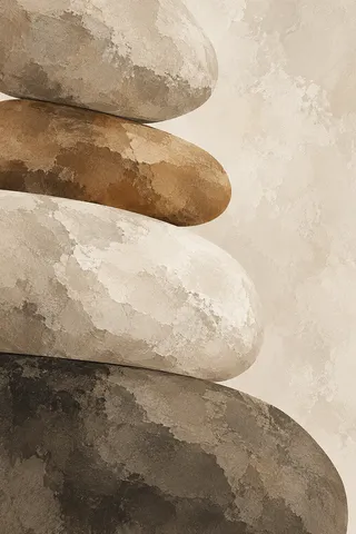 A stack of river stones, oversized in cream, taupe, olive, charcoal; portrait artwork.