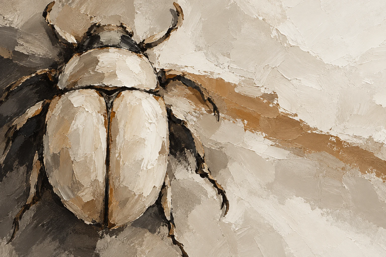 A beetle seen from directly above in cream, stone, taupe, black; landscape artwork.