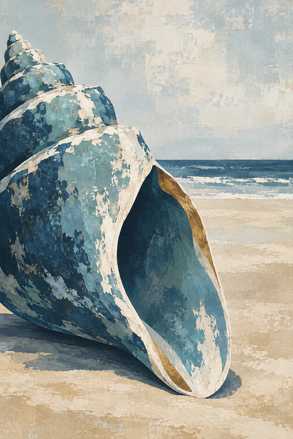 A huge shell on bare sand in stone, cream, teal, navy; portrait artwork.