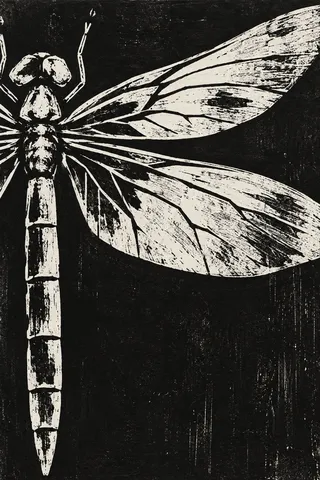 One dragonfly, drawn large in black, cream, gray, charcoal; portrait artwork.