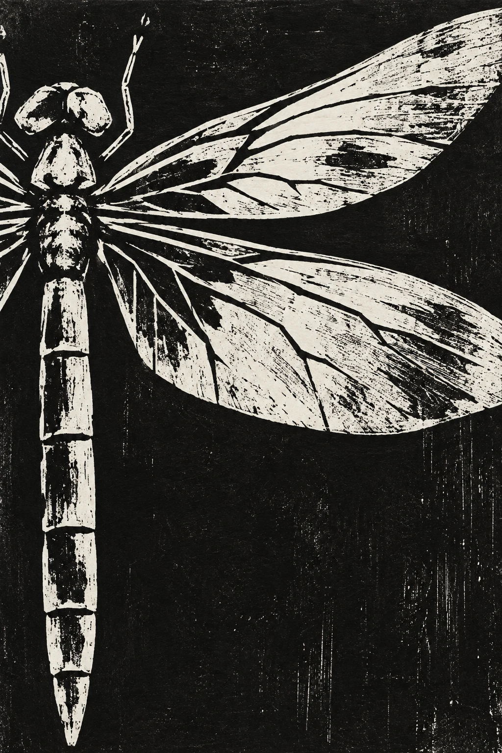 One dragonfly, drawn large in black, cream, gray, charcoal; portrait artwork.
