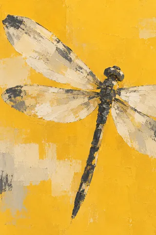 One dragonfly, drawn large in yellow, cream, taupe; portrait artwork.