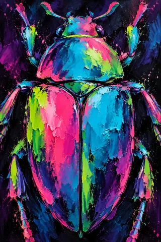 A beetle seen from directly above in black, red, navy, sage; portrait artwork.
