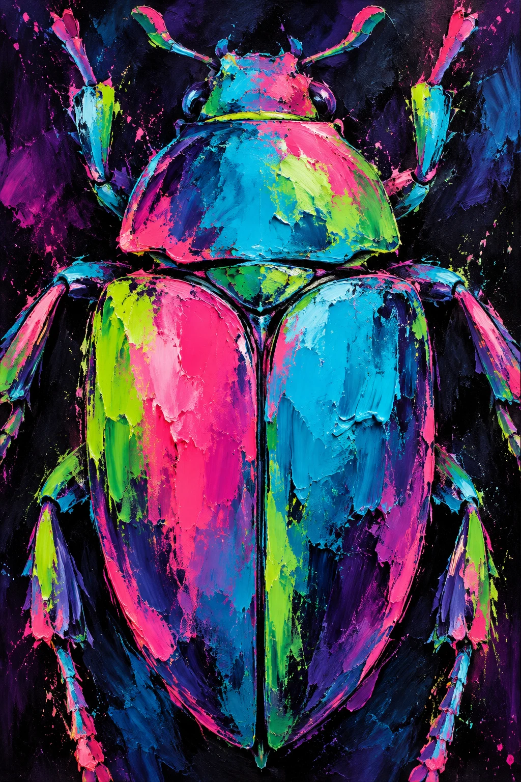 A beetle seen from directly above in black, red, navy, sage; portrait artwork.