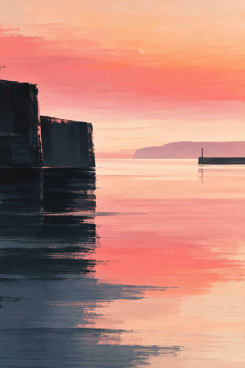 A harbour surface broken into facets in blush, cream, black, charcoal; portrait artwork.