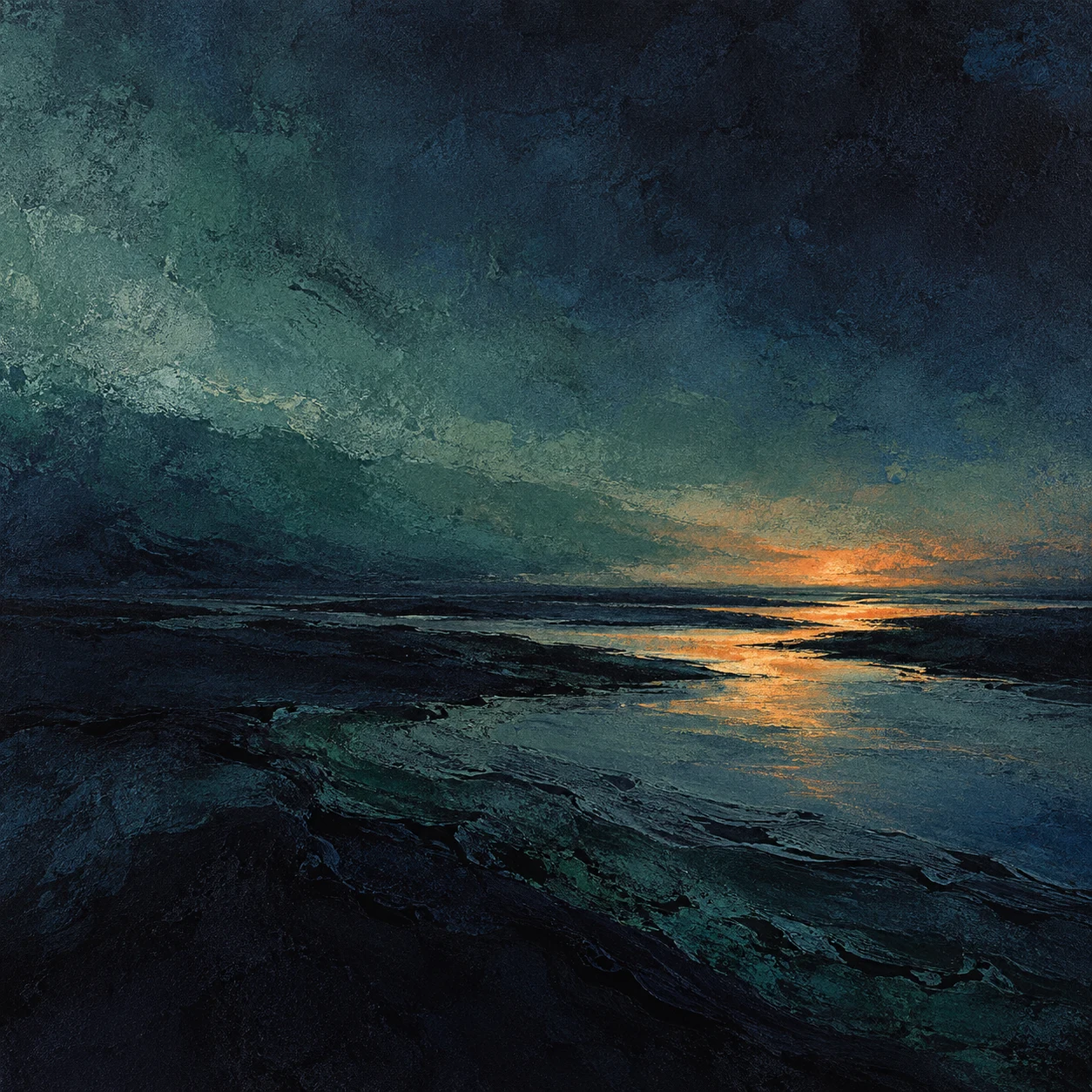 A slow river catching evening light in black, navy, green, gray; square artwork.
