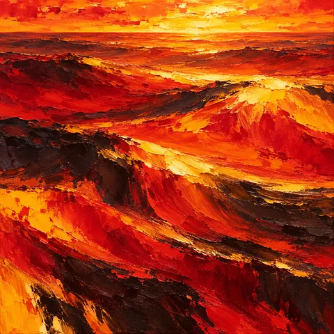 Long slow swells with no shore in red, rust, burgundy, orange; square artwork.
