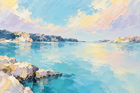 A pool of still water under a bright sky in cream, sky blue, blue; landscape artwork.
