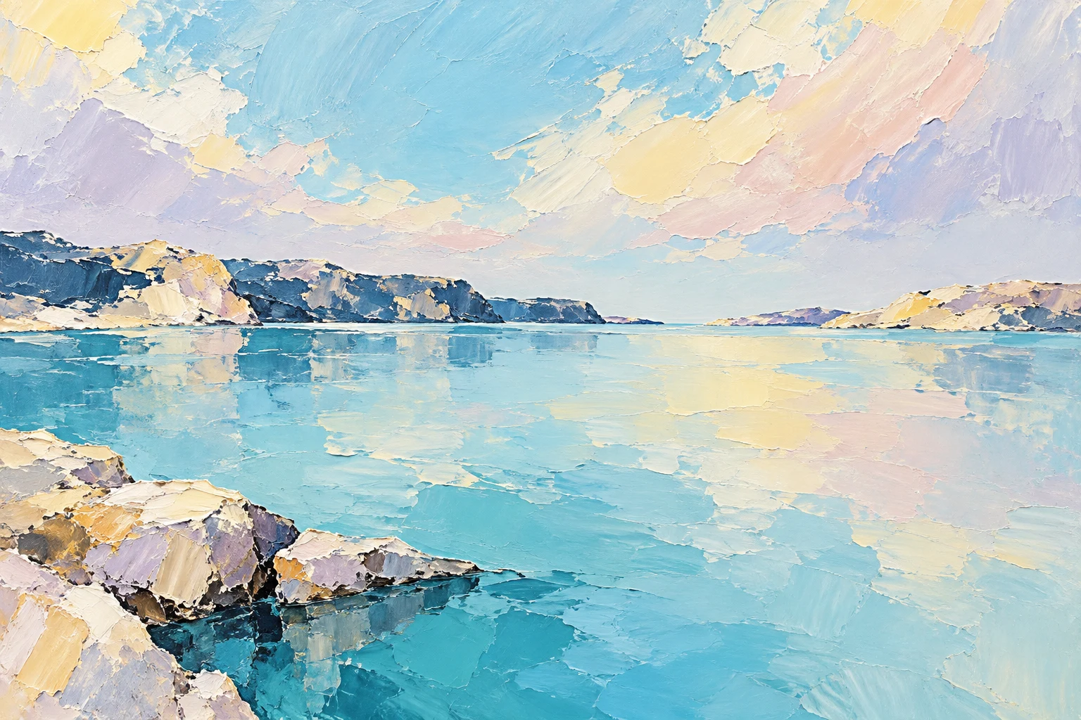 A pool of still water under a bright sky in cream, sky blue, blue; landscape artwork.