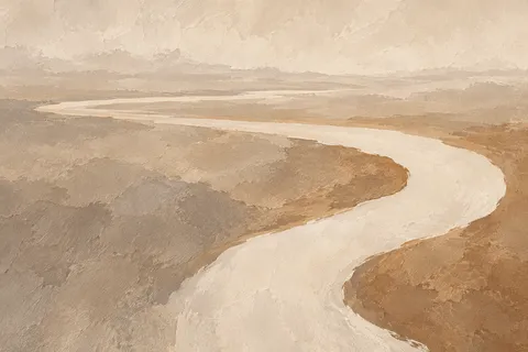 A river bend seen from high above in cream, sand, sage, ochre; landscape artwork.