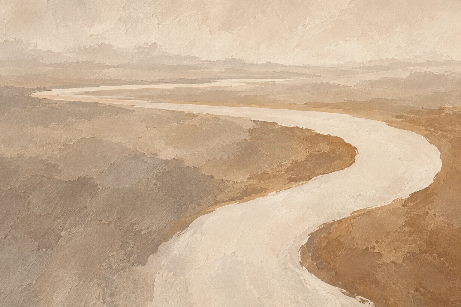A river bend seen from high above in cream, sand, sage, ochre; landscape artwork.