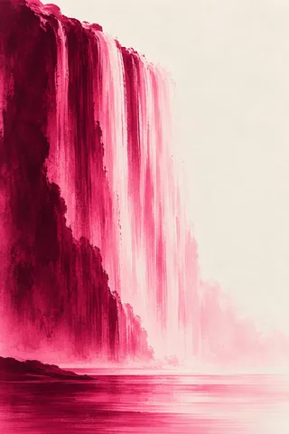 A waterfall reduced to vertical strokes in white, cream, burgundy, rust; portrait artwork.