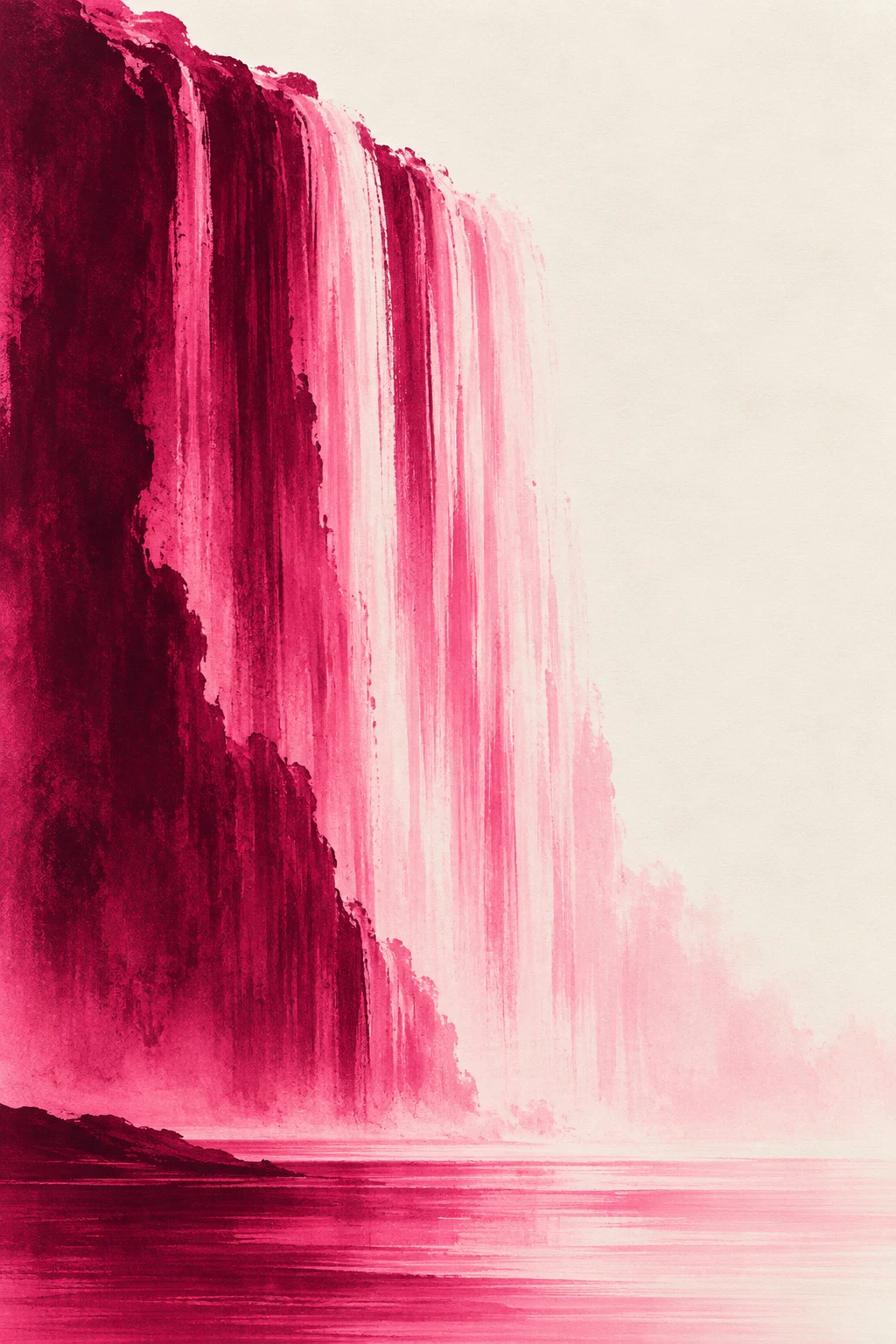 A waterfall reduced to vertical strokes in white, cream, burgundy, rust; portrait artwork.