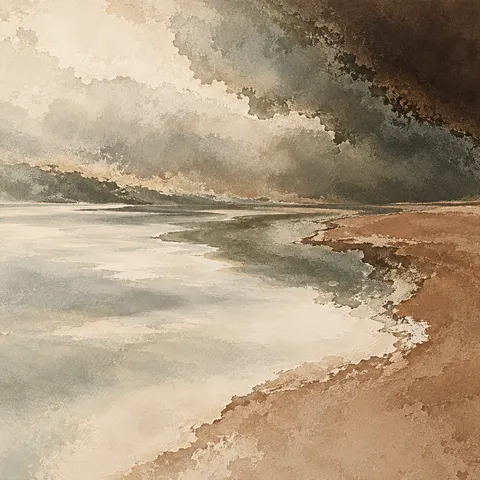 A lake surface before a storm in cream, sand, taupe, stone; square artwork.