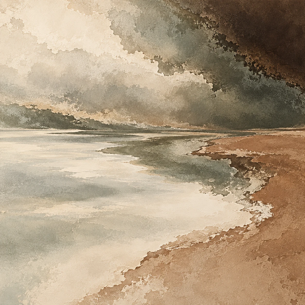 A lake surface before a storm in cream, sand, taupe, stone; square artwork.