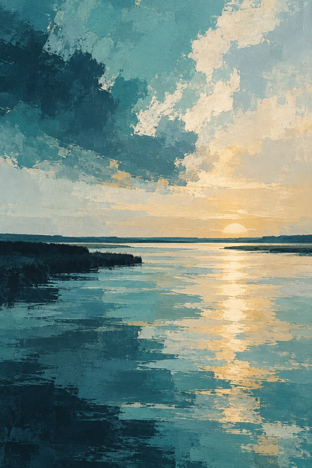 A slow river catching evening light in stone, teal, black, cream; portrait artwork.