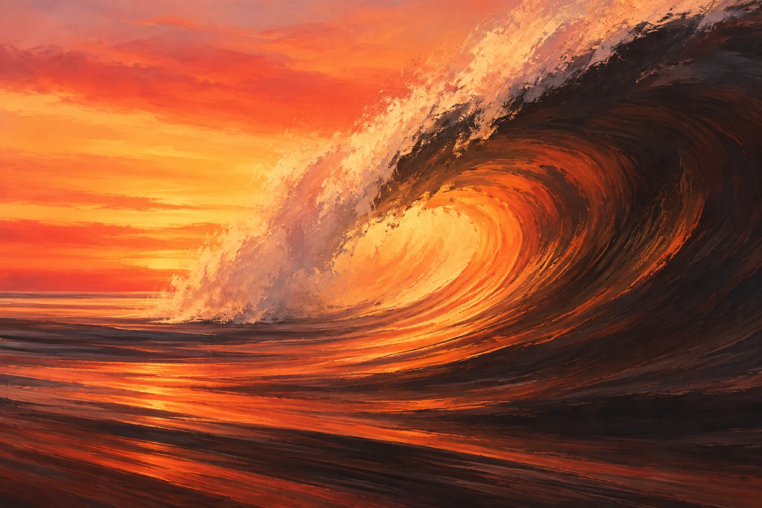 An enormous breaking wave seen from the side in orange, black, burgundy, yellow; landscape artwork.