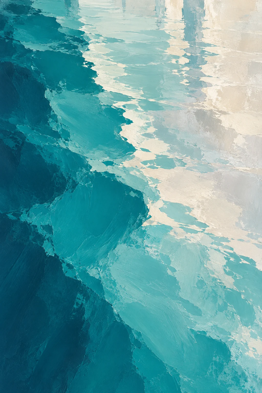 A harbour surface broken into facets in teal, cream, sky blue, navy; portrait artwork.