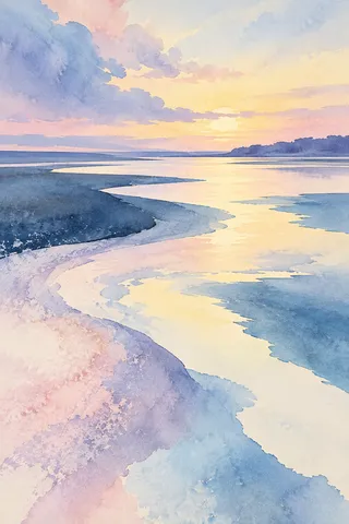 A slow river catching evening light in cream, sky blue, stone, blue; portrait artwork.