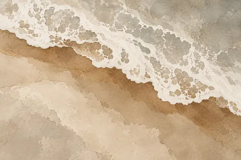 A shoreline foam line from directly overhead in sand, stone, cream, ochre; landscape artwork.