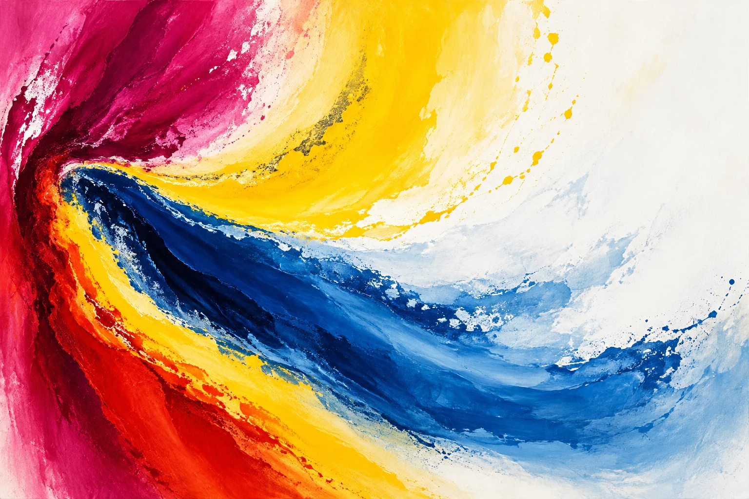 Ripples spreading from a single point in white, red, yellow, blue; landscape artwork.