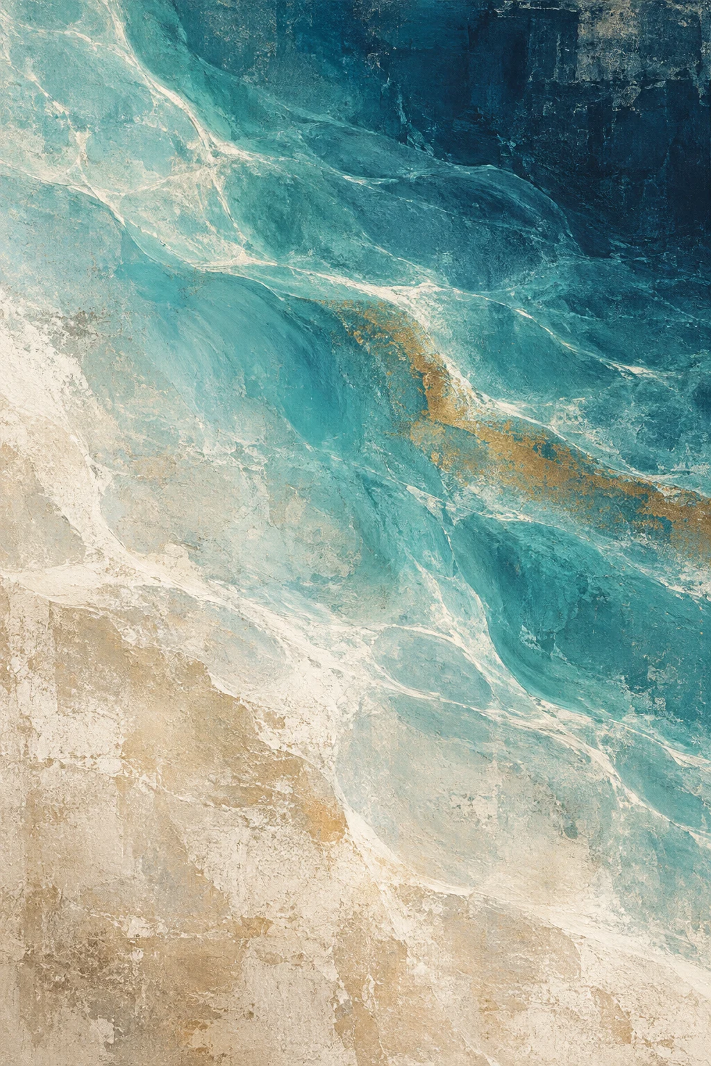 Light patterns moving on a pool floor in stone, sky blue, blue, cream; portrait artwork.