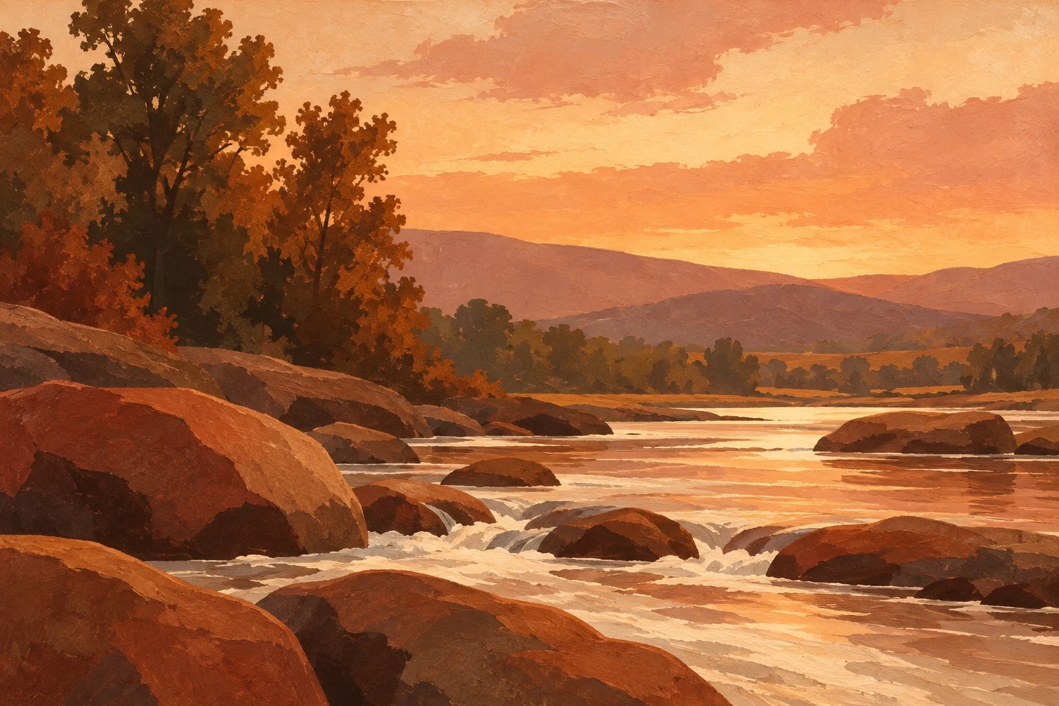 A creek running over smooth stones in rust, burgundy, blush, yellow; landscape artwork.