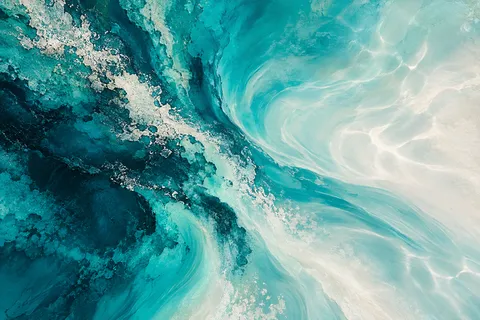 Light patterns moving on a pool floor in teal, sky blue, cream, navy; landscape artwork.