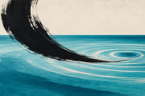 Ripples spreading from a single point in cream, sky blue, teal, black; landscape artwork.