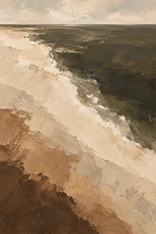 A pale beach meeting a dark sea in stone, brown, taupe, charcoal; portrait artwork.