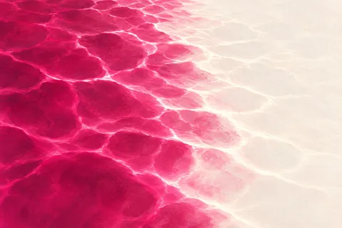 Light patterns moving on a pool floor in red, white, pink, cream; landscape artwork.