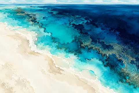 A pale beach meeting a dark sea in white, navy, teal, black; landscape artwork.