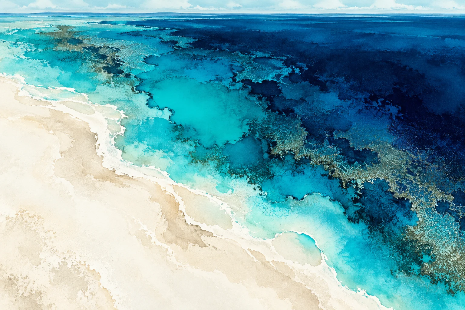 A pale beach meeting a dark sea in white, navy, teal, black; landscape artwork.