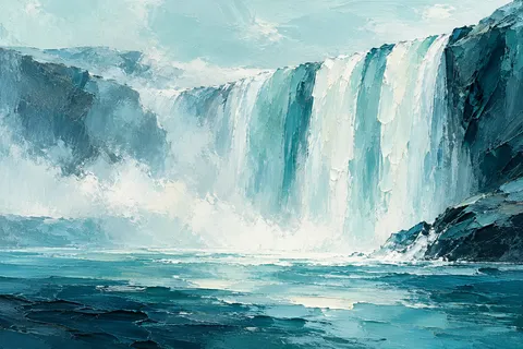 A waterfall reduced to vertical strokes in cream, sky blue, teal, navy; landscape artwork.