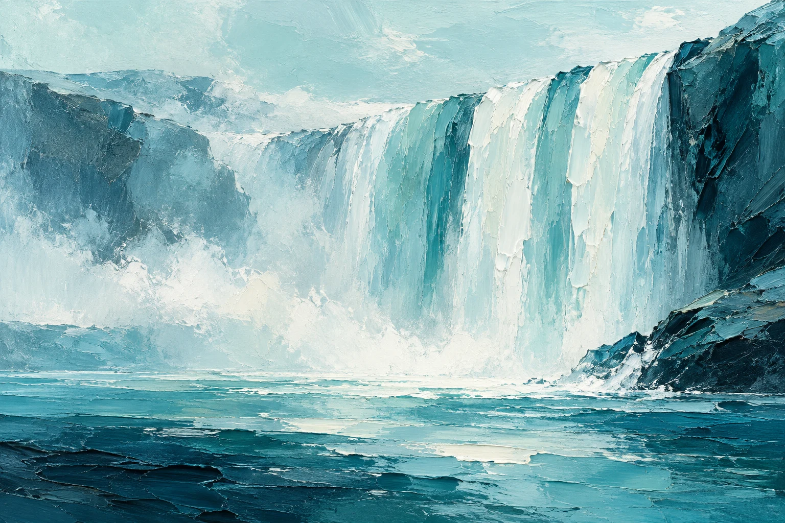 A waterfall reduced to vertical strokes in cream, sky blue, teal, navy; landscape artwork.