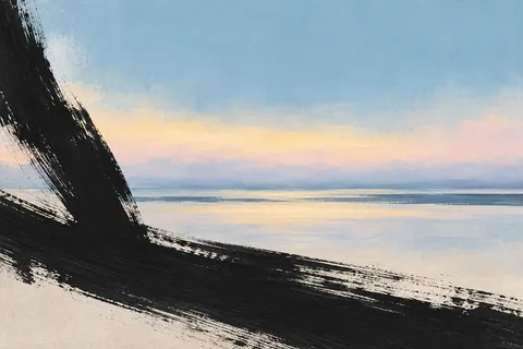 Horizon bands dissolving into morning fog in sky blue, cream, black, stone; landscape artwork.