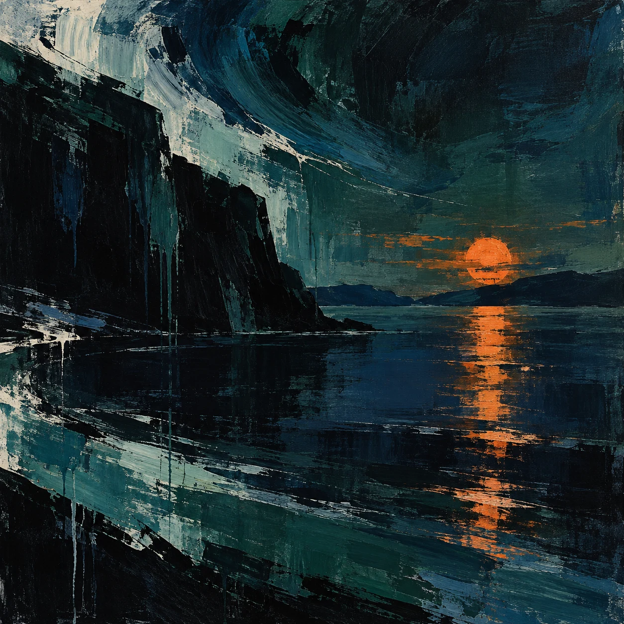 A still bay with one low sun on the water in black, forest green, navy, gray; square artwork.