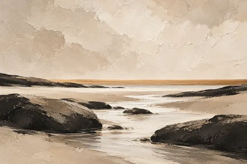 A creek running over smooth stones in cream, stone, black, sand; landscape artwork.