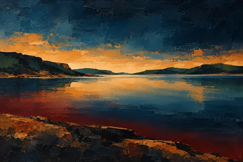 A pool of still water under a bright sky in black, navy, ochre, burgundy; landscape artwork.