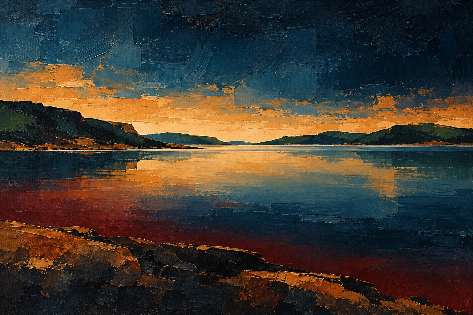A pool of still water under a bright sky in black, navy, ochre, burgundy; landscape artwork.