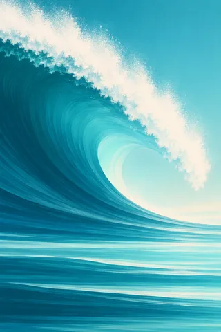 An enormous breaking wave seen from the side in sky blue, teal, white, blue; portrait artwork.