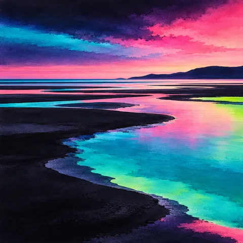 A tidal flat at low water in black, teal, pink, burgundy; square artwork.