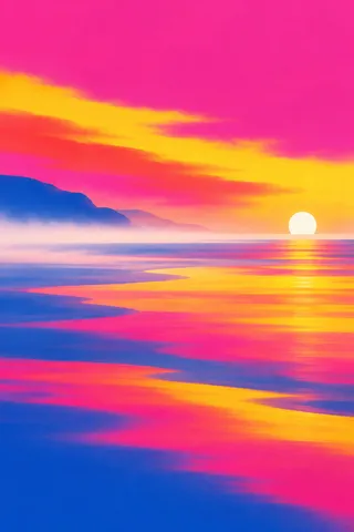 Sea mist over a flat horizon in pink, blue, yellow, blush; portrait artwork.